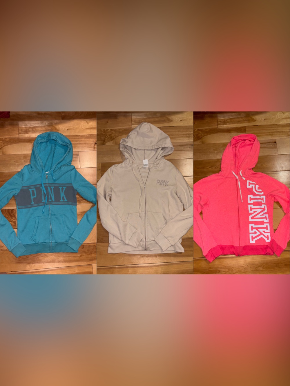 PINK Zip Hoodie Trio - Teal, Beige, and Bright Pink